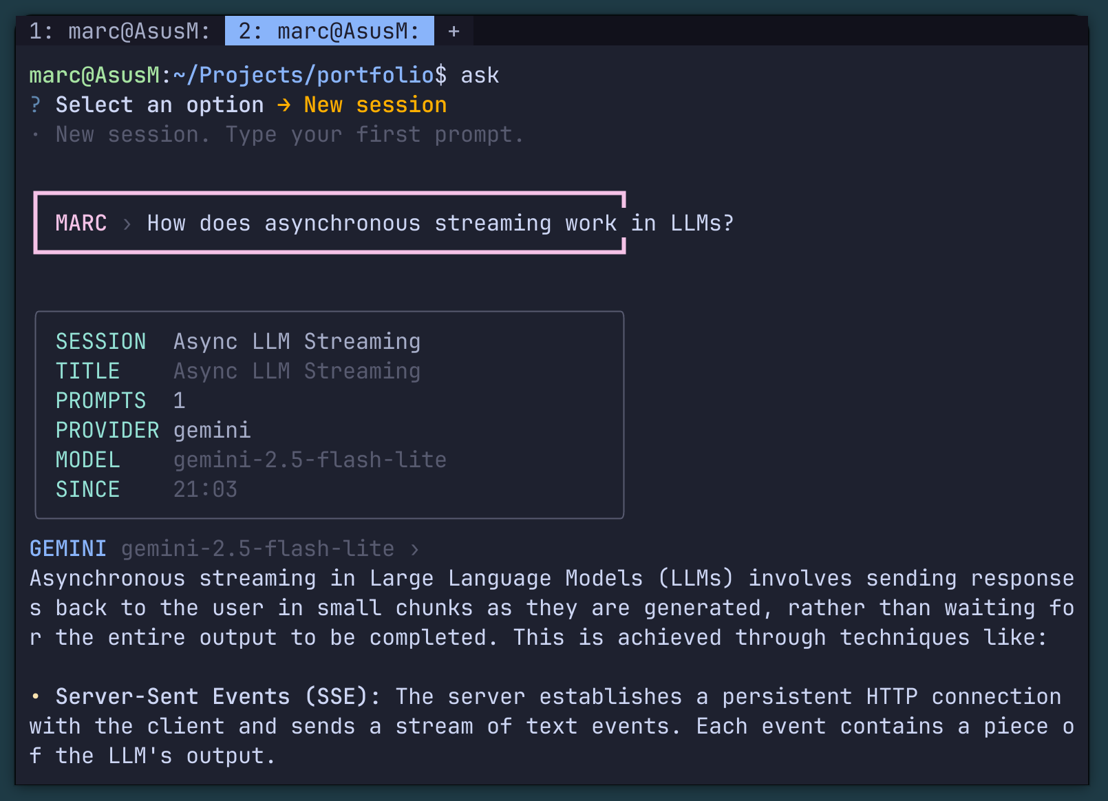 ask-term - Sesión de terminal con salida animada